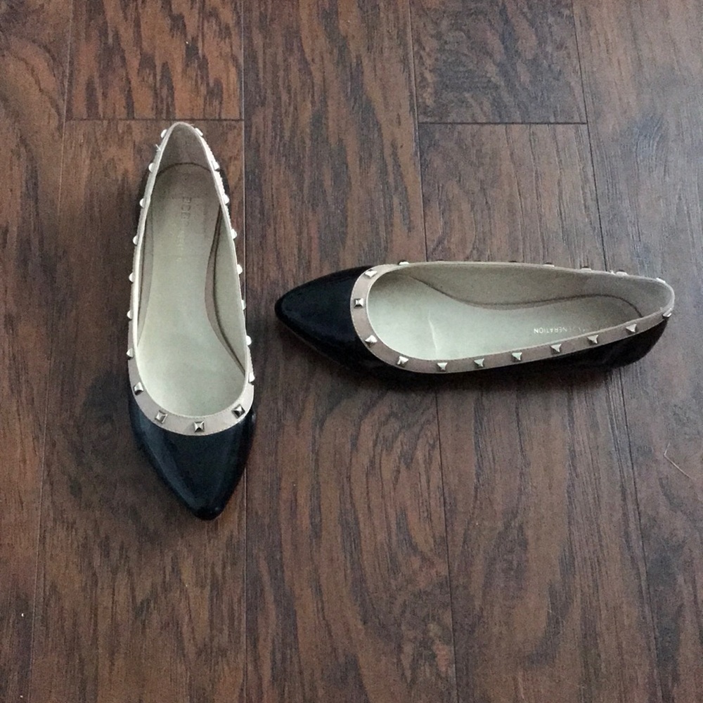 BCBG patent leather and nude studded flats